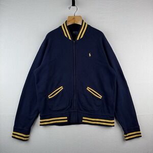 90's Vtg Polo Ralph Lauren Men's XL Fleece Varsity Jacket College Navy Gold Zip